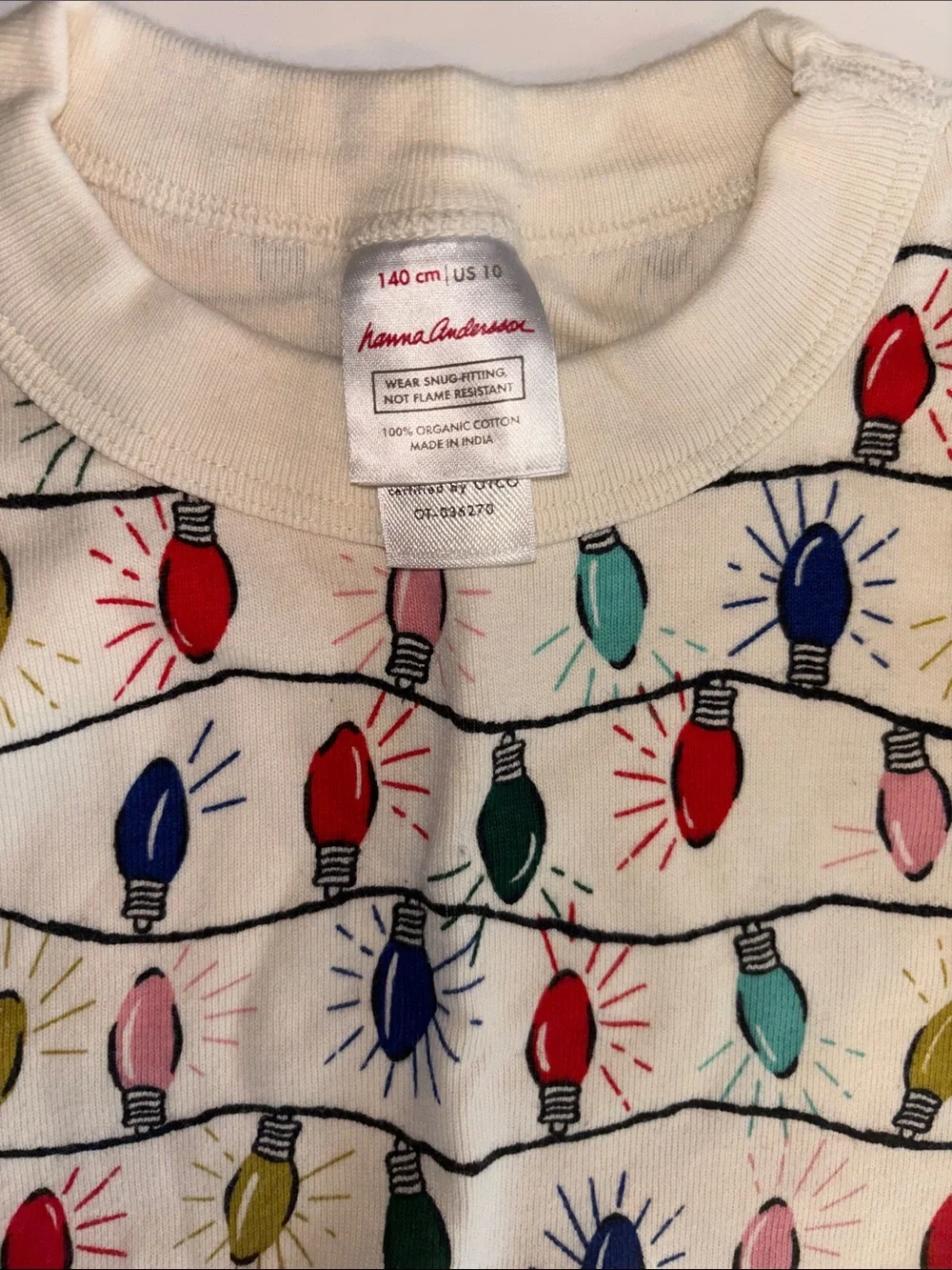 Hanna Andersson Cream Pajama Set with Multicolor Holiday Lights organic cotton